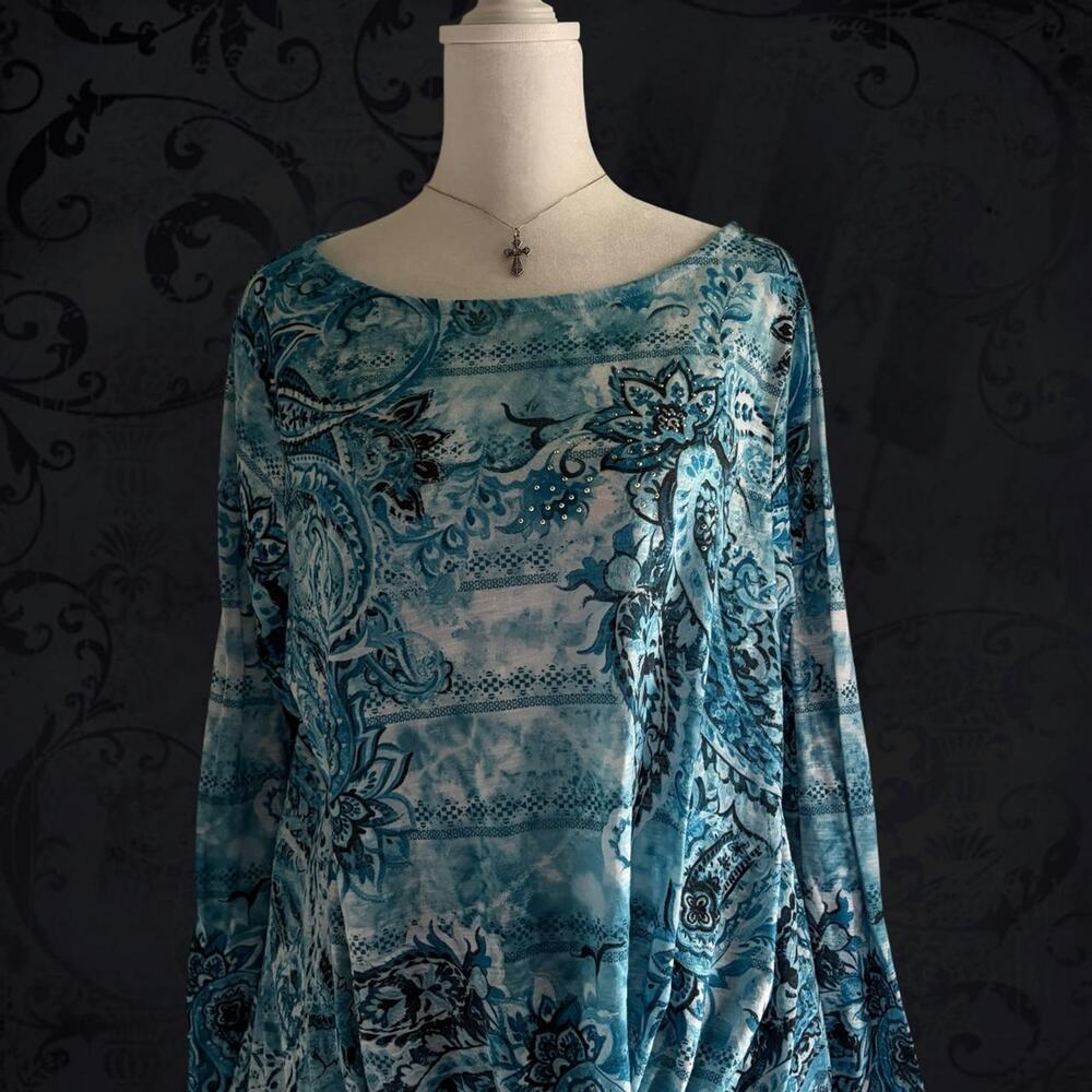 fairy boho blue white& black paisley floral scroll print top - Picture 5 of 7